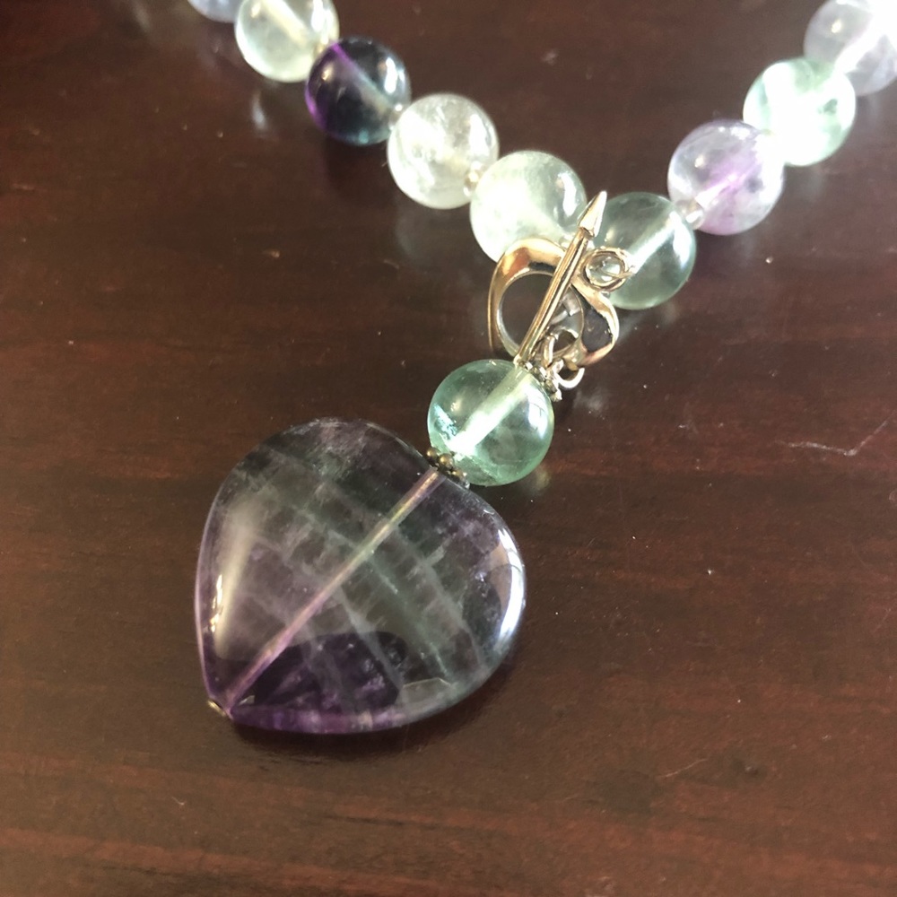 Rainbow Fluorite Purple/Green Heart Bead Necklace
